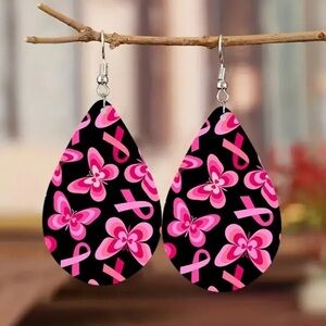 Breast Cancer Awareness Design Water Drop Pink Wooden Dangle Earrings
